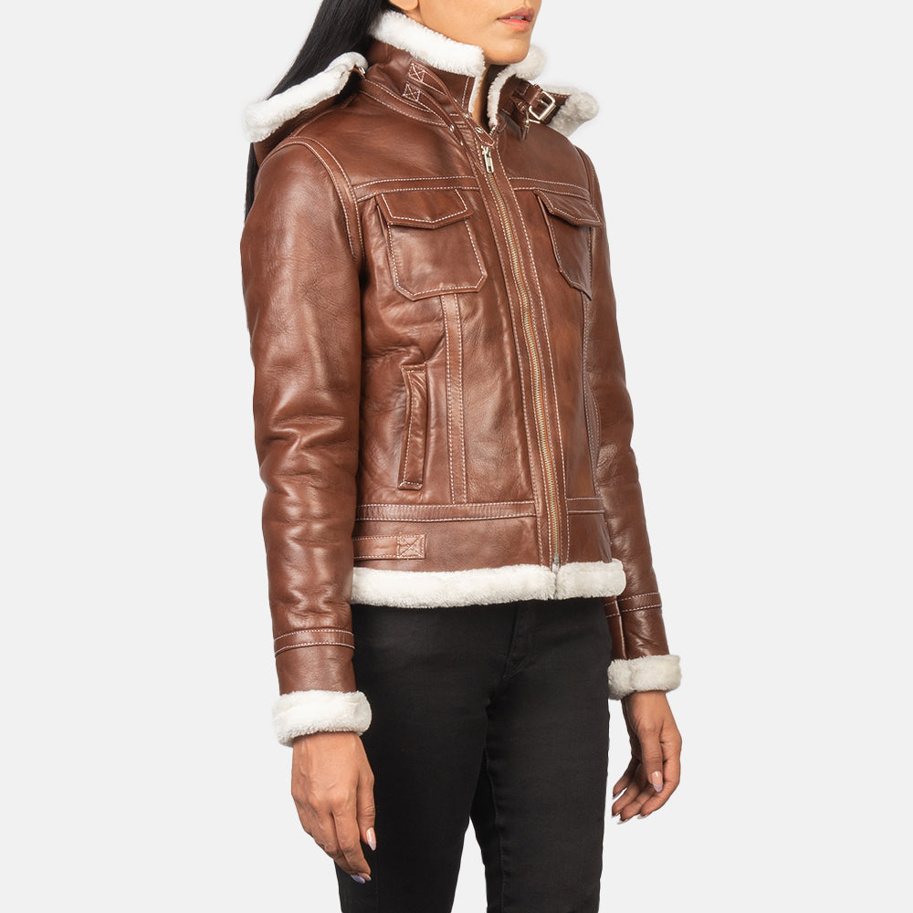 
클로즈업 상세 of High Neck with Belt & Zipper Hardware on Fiona Brown Hooded Shearling Leather Jacket