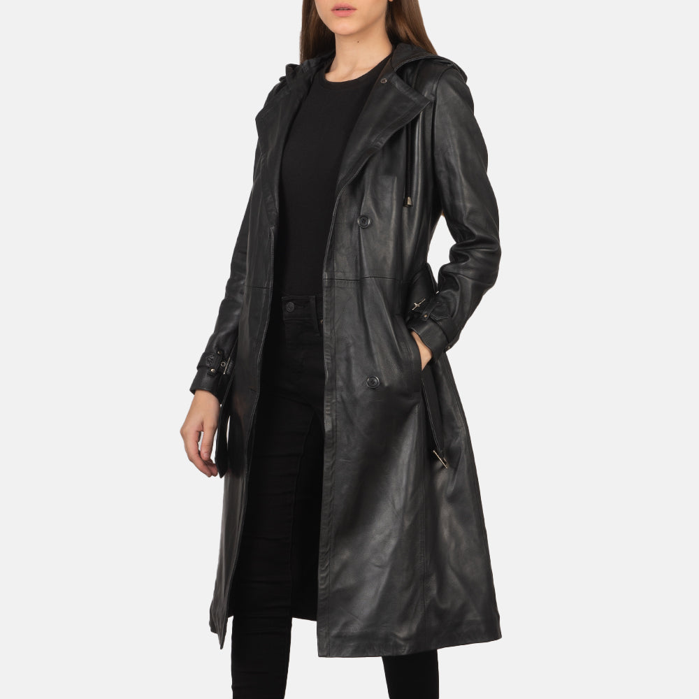 
Fixon Hooded 블랙 가죽 트렌치 코트 여성용 in Black Sheepskin Leather - 정면 스타일 및 테일러드 실루엣 | 공식 온라인 스토어 구매