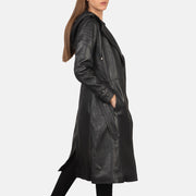 
Black Sheepskin Leather Trench Coat - 어깨 라인과 깔끔한 밑단이 돋보이는 뒷면 뷰