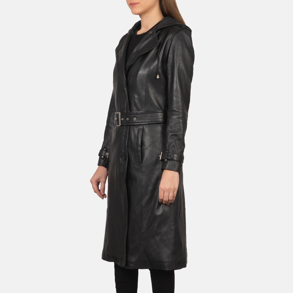 
클로즈업 상세 of Hooded & Button + Belt Hardware on Fixon Hooded 블랙 가죽 트렌치 코트 여성용