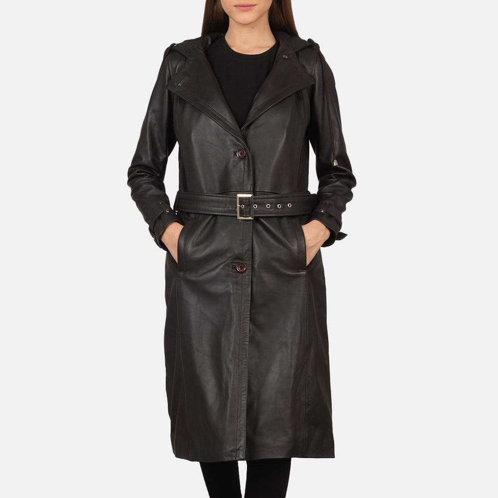 Fixon Hooded Brown Trench Coat in Brown Sheepskin Leather - 정면 스타일 및 테일러드 실루엣 | 공식 온라인 스토어 구매