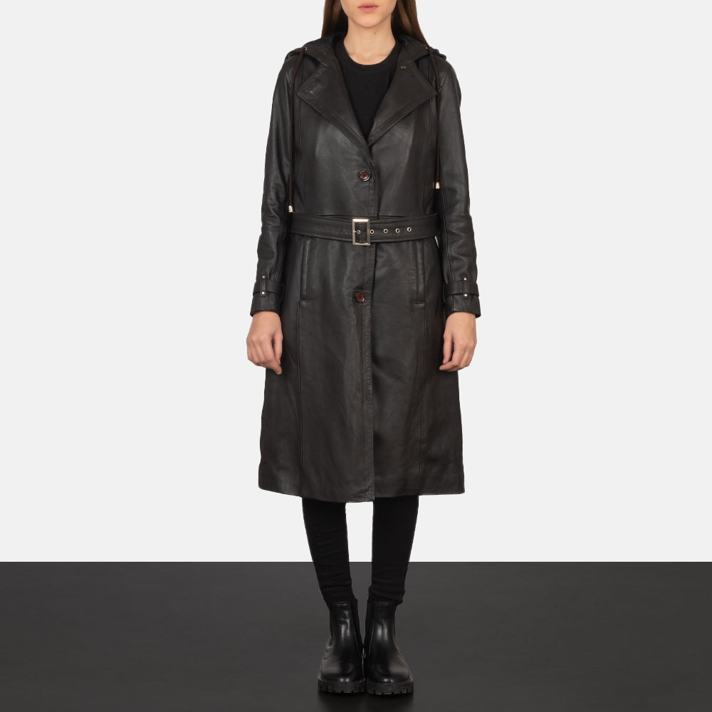 Fixon Hooded Brown Trench Coat - 입체 소매 커팅과 슬림 테이퍼드 핏을 보여주는 측면 뷰