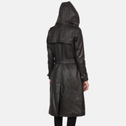
클로즈업 상세 of Hooded & Button + Belt Hardware on Fixon Hooded 브라운 가죽 트렌치 코트 여성용
