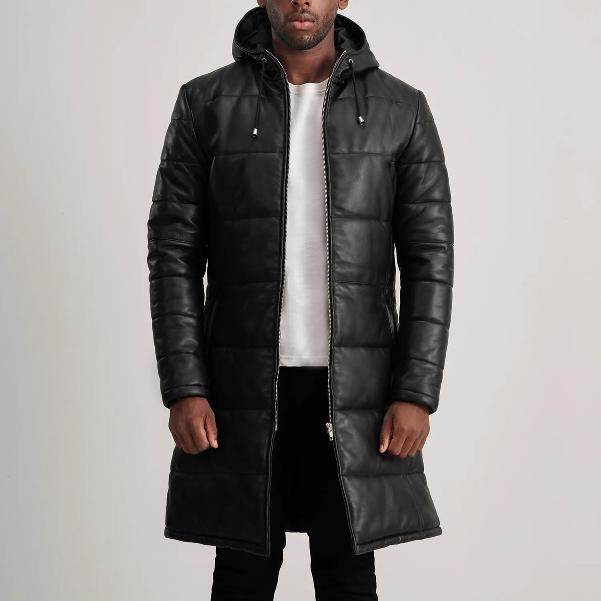 
Floyd Tan Hooded Leather Puffer Coat in Tan Brown Sheepskin Leather - 정면 스타일 및 테일러드 실루엣 | 공식 온라인 스토어 구매