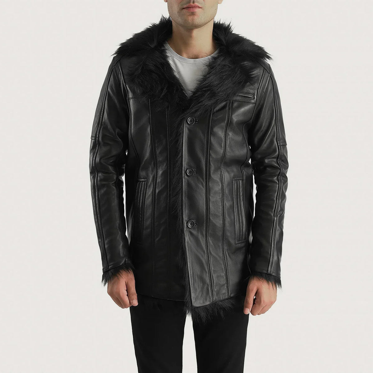 Men's Furcliff 블랙 가죽 롱 코트 남성용 in Black Sheepskin Leather - Front Profile View &amp; Tailored Silhouette | Buy Online