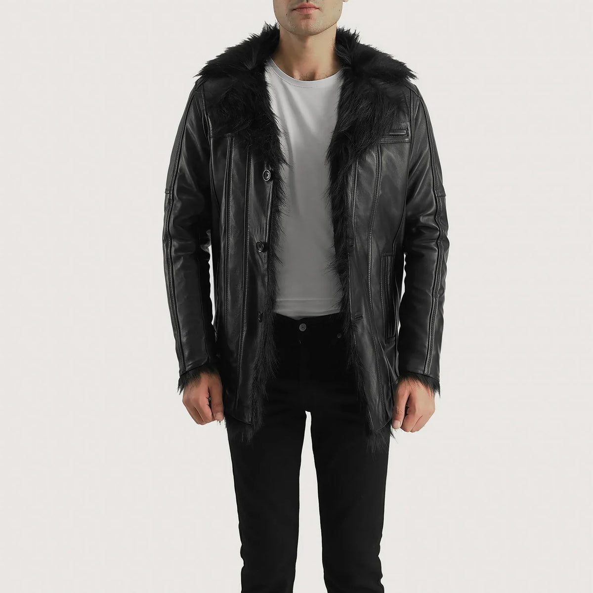 Men's Furcliff 블랙 가죽 롱 코트 남성용 - Lateral Side Profile View Showing Sleeve Cut &amp; Athletic Taper Fit