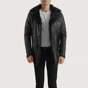 Men's Furcliff 블랙 가죽 롱 코트 남성용 - Lateral Side Profile View Showing Sleeve Cut &amp; Athletic Taper Fit