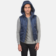 
클로즈업 상세 of Band with Removable Hood & Zipper with dual puller and wind flap Hardware on Fuston 블루 후드 패딩 베스트 남성용