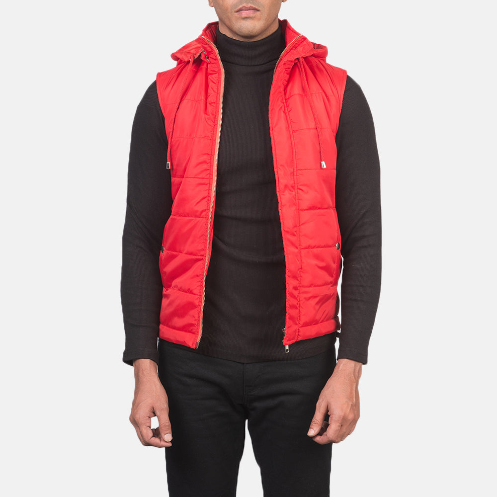 
Fuston 레드 후드 패딩 베스트 남성용 in Red Nylon - 정면 스타일 및 테일러드 실루엣 | 공식 온라인 스토어 구매