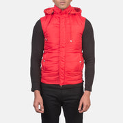 
클로즈업 상세 of Band with Removable Hood & Zipper with dual puller and wind flap Hardware on Fuston 레드 후드 패딩 베스트 남성용