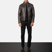 Close-Up Detail of Band with snap buttons &amp; Zipper Hardware on Men's Gatsby Quilted Distressed Brown Leather Jacket