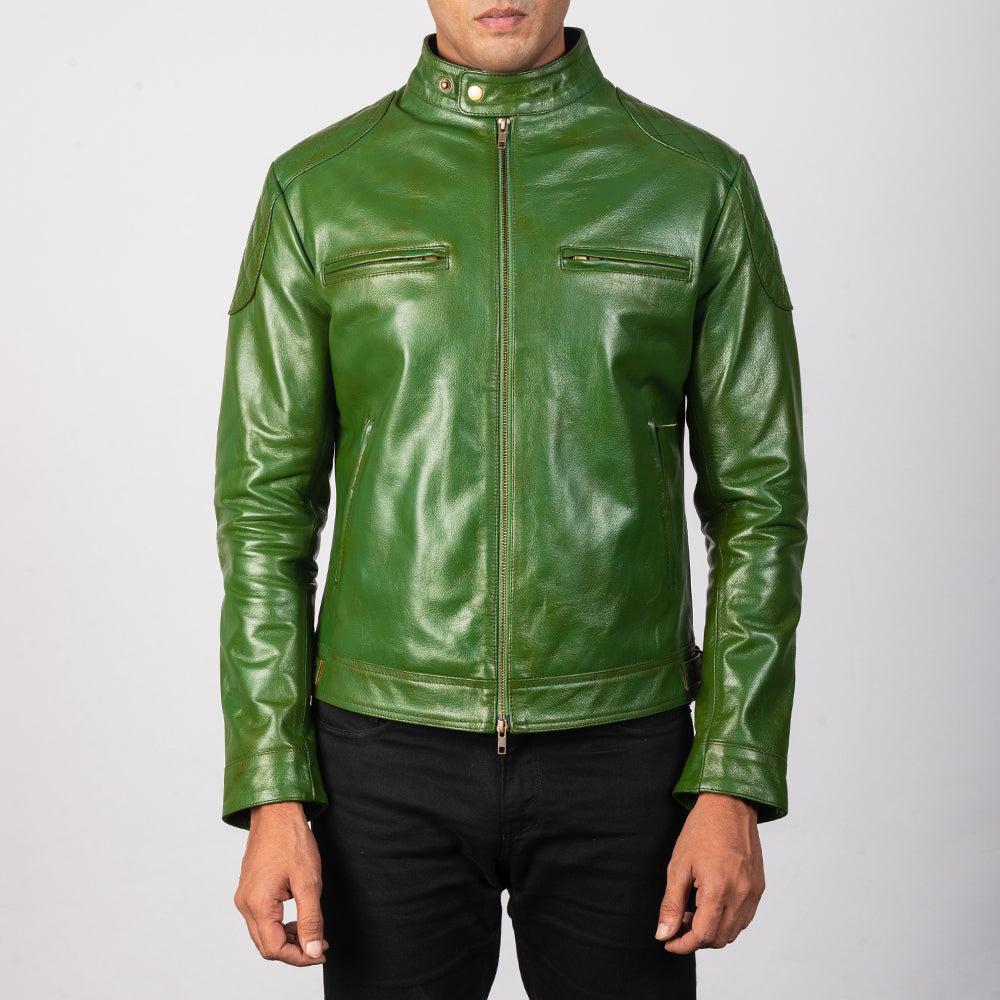 Men's Gatsby Quilted Green Leather Biker Jacket - Lateral Side Profile View Showing Sleeve Cut &amp; Athletic Taper Fit