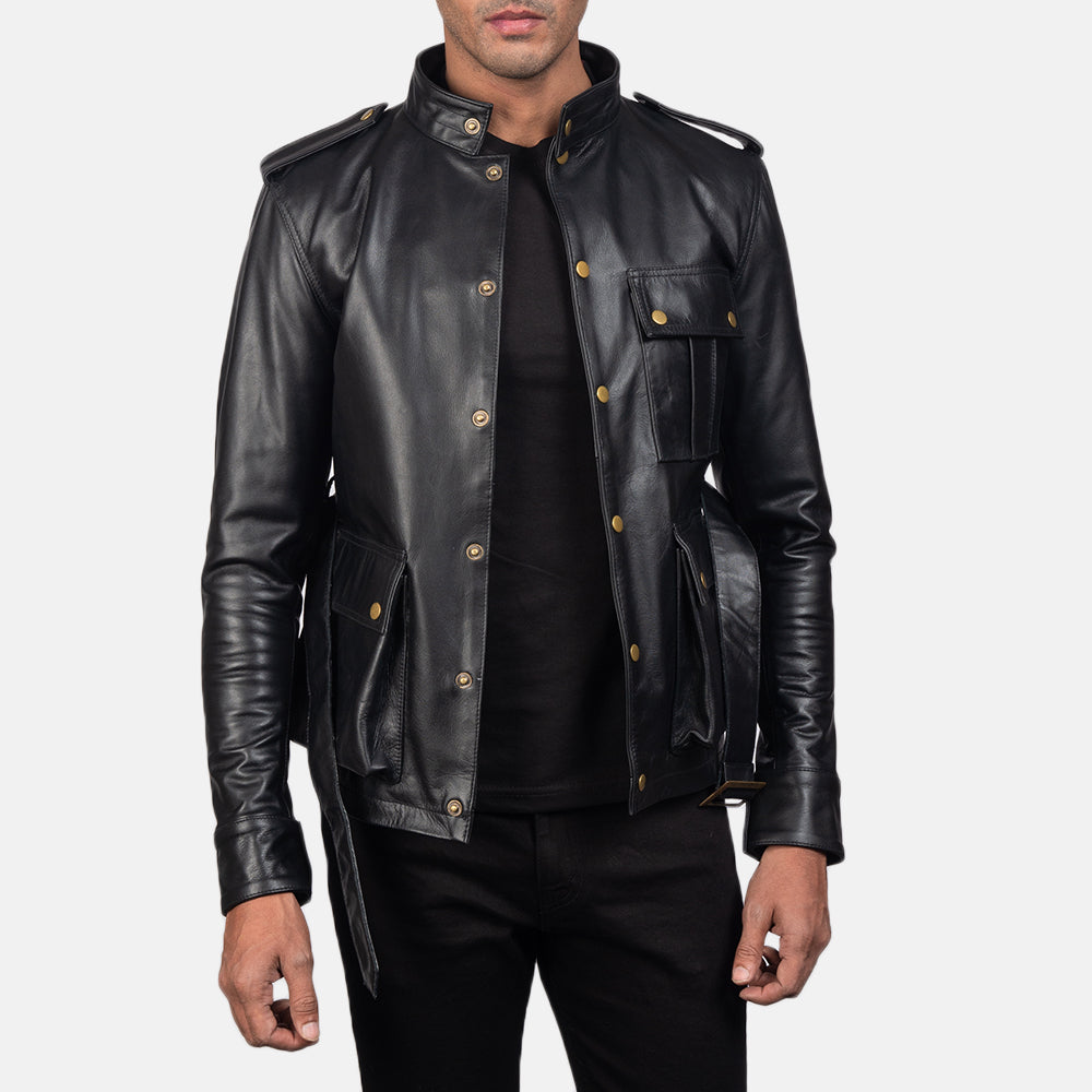 Germain 블랙 가죽 자켓 남성용 - Lateral Side Profile View Showing Sleeve Cut &amp; Athletic Taper Fit