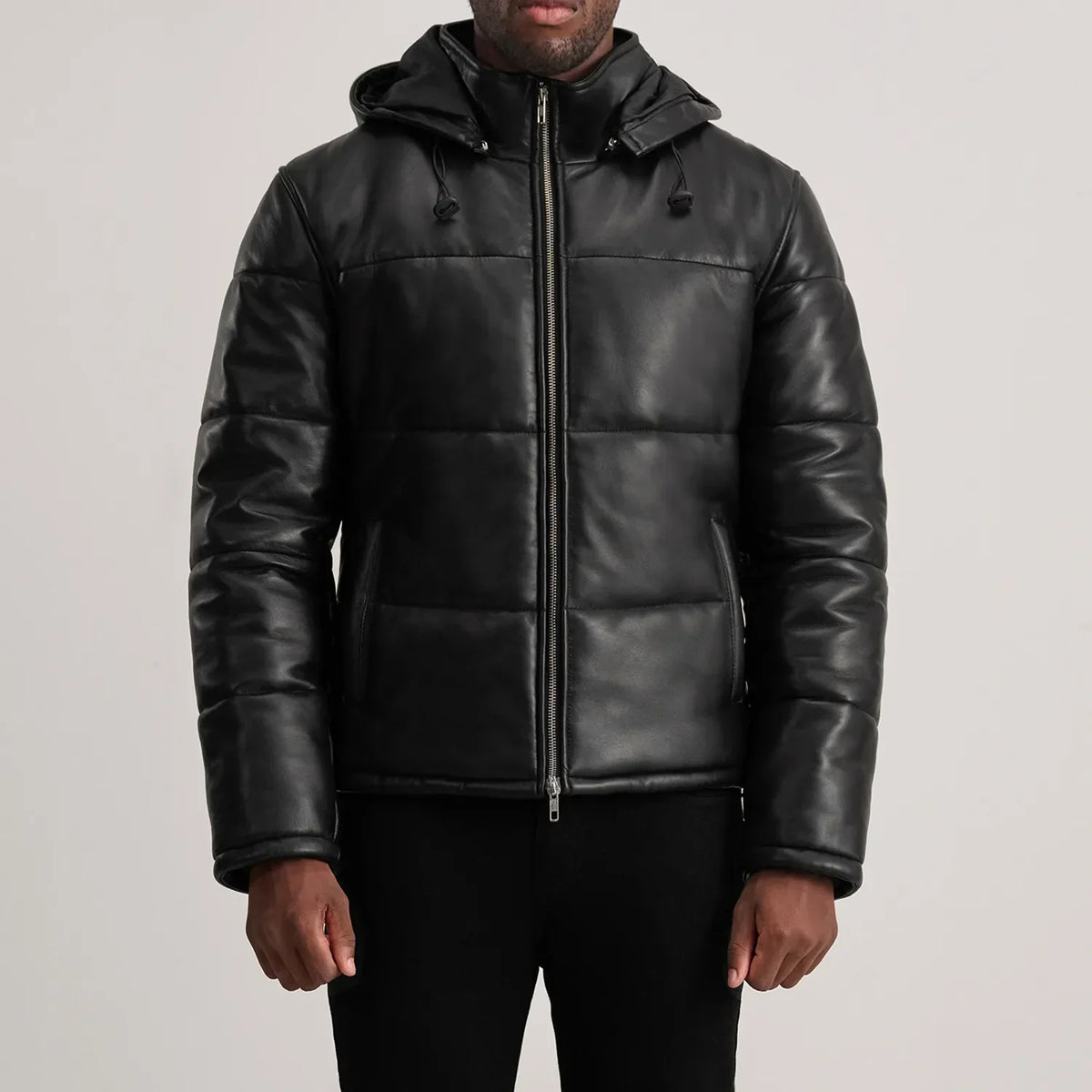 
클로즈업 상세 of High neck & Zipper Hardware on Gordon Tan Hooded Leather Puffer Jacket