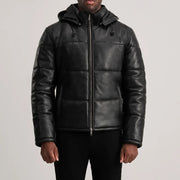 
클로즈업 상세 of High neck & Zipper Hardware on Gordon Tan Hooded Leather Puffer Jacket