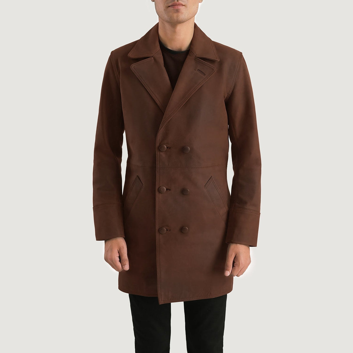 Men's Half Life 브라운 가죽 롱 코트 남성용 in Distressed Brown Cowhide Leather - Front Profile View &amp; Tailored Silhouette | Buy Online
