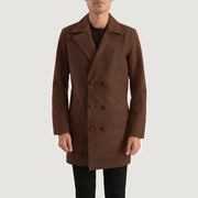 Men's Half Life 브라운 가죽 롱 코트 남성용 in Distressed Brown Cowhide Leather - Front Profile View &amp; Tailored Silhouette | Buy Online