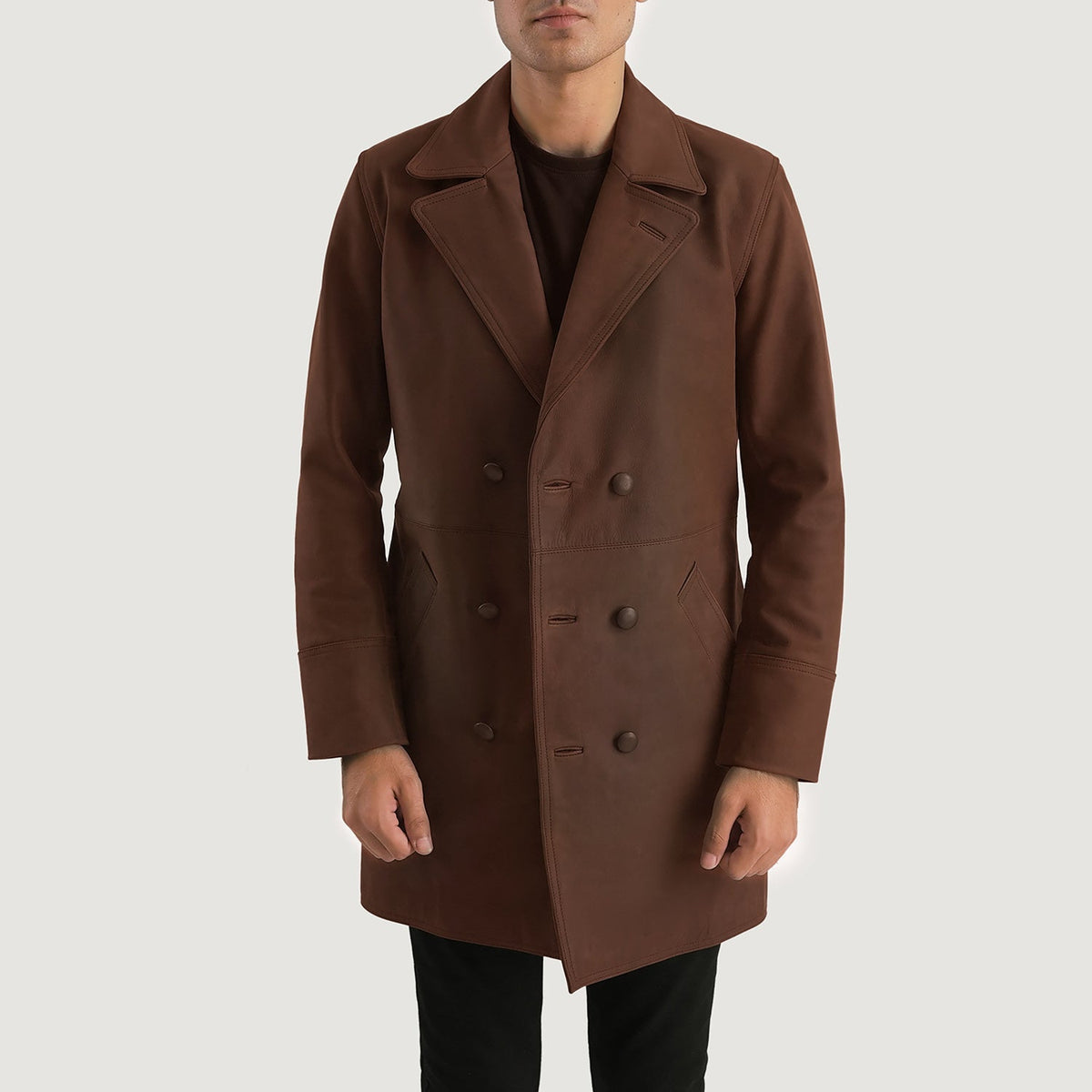 Men's Half Life 브라운 가죽 롱 코트 남성용 - Lateral Side Profile View Showing Sleeve Cut &amp; Athletic Taper Fit