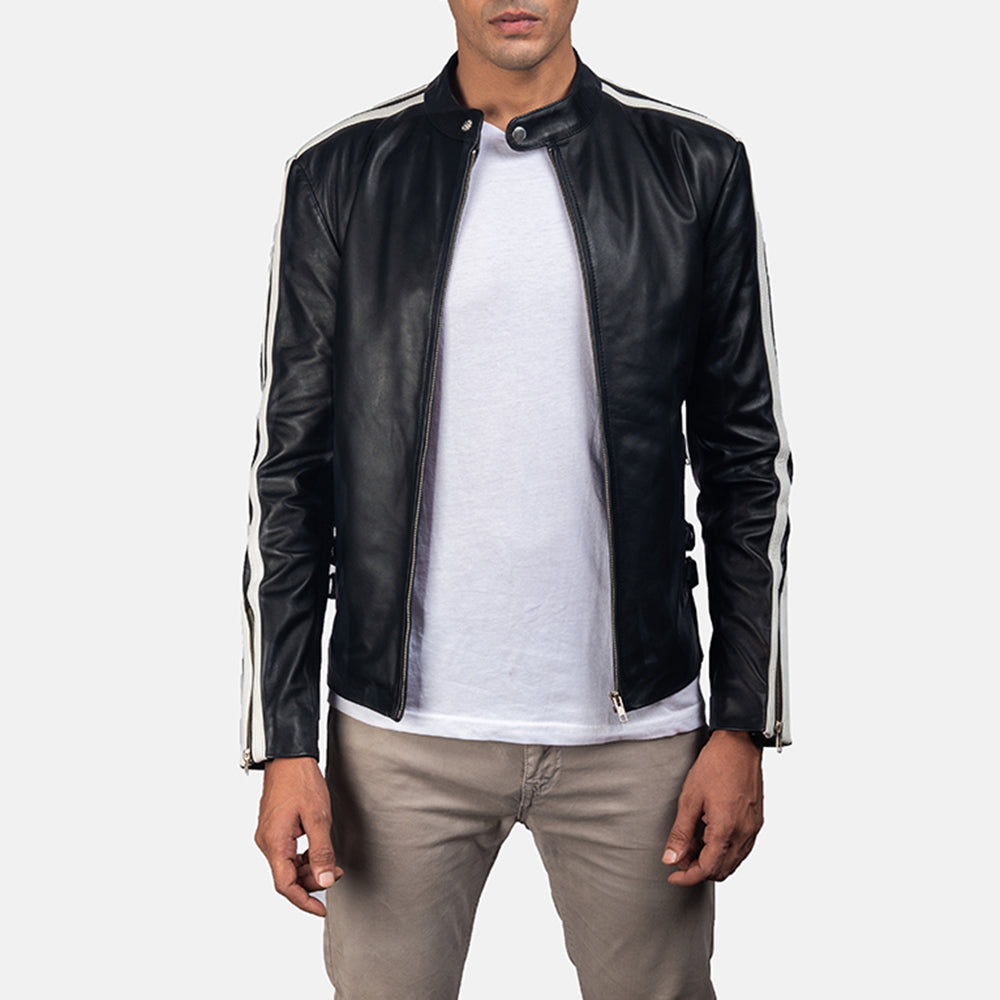 Hank 블랙 가죽 라이더 자켓 남성용 in Black &amp; White Cowhide Leather - Front Profile View &amp; Tailored Silhouette | Buy Online