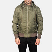 
클로즈업 상세 of Knit Rib with Removable Nylon Hood & Zipper Hardware on Hanklin Ma-1 Green Hooded Bomber Jacket