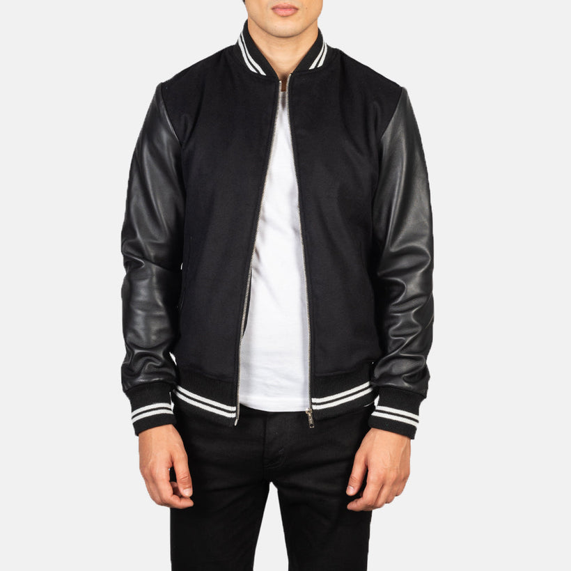 Harrison 블랙 Hybrid Varsity 가죽 자켓 남성용
