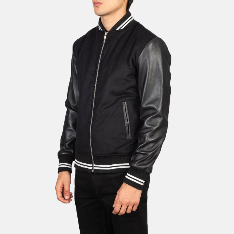 Harrison 블랙 Hybrid Varsity 가죽 자켓 남성용