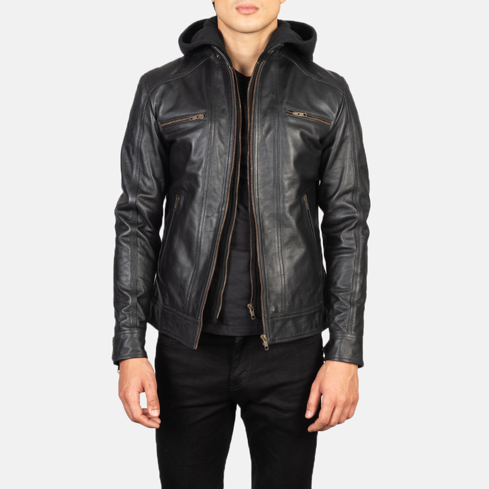 Men's Hector 블랙 Hooded 가죽 라이더 자켓 남성용 in Black Cowhide Leather - Front Profile View &amp; Tailored Silhouette | Buy Online