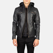 Men's Hector 블랙 Hooded 가죽 라이더 자켓 남성용 in Black Cowhide Leather - Front Profile View &amp; Tailored Silhouette | Buy Online
