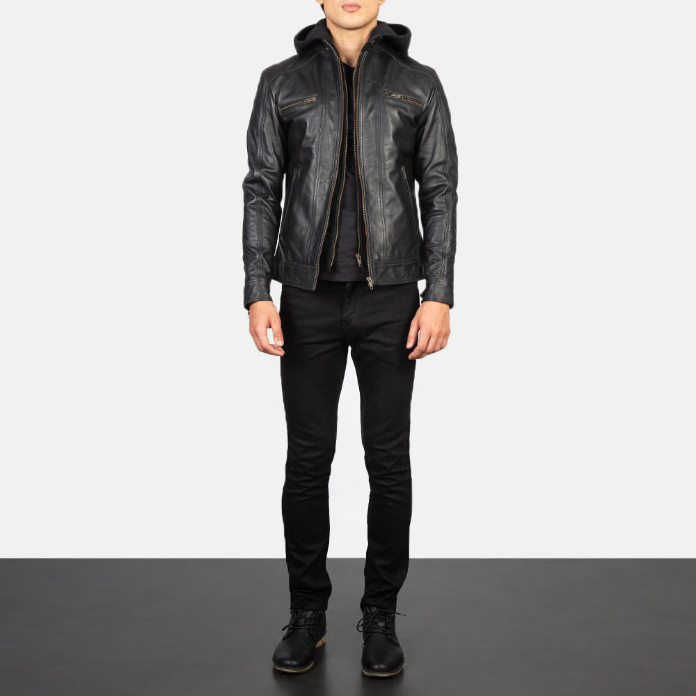Men's Hector 블랙 Hooded 가죽 라이더 자켓 남성용 - Lateral Side Profile View Showing Sleeve Cut &amp; Athletic Taper Fit
