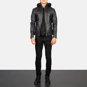 Men's Hector 블랙 Hooded 가죽 라이더 자켓 남성용 - Lateral Side Profile View Showing Sleeve Cut &amp; Athletic Taper Fit