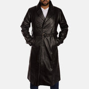 
Hooligan 블랙 가죽 트렌치 코트 남성용 in Black Cowhide Leather - 정면 스타일 및 테일러드 실루엣 | 공식 온라인 스토어 구매