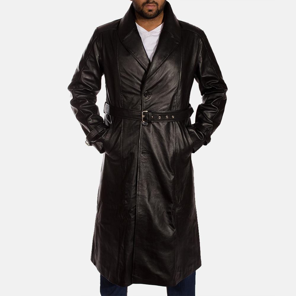 
Black Cowhide Leather Trench Coat - 어깨 라인과 깔끔한 밑단이 돋보이는 뒷면 뷰