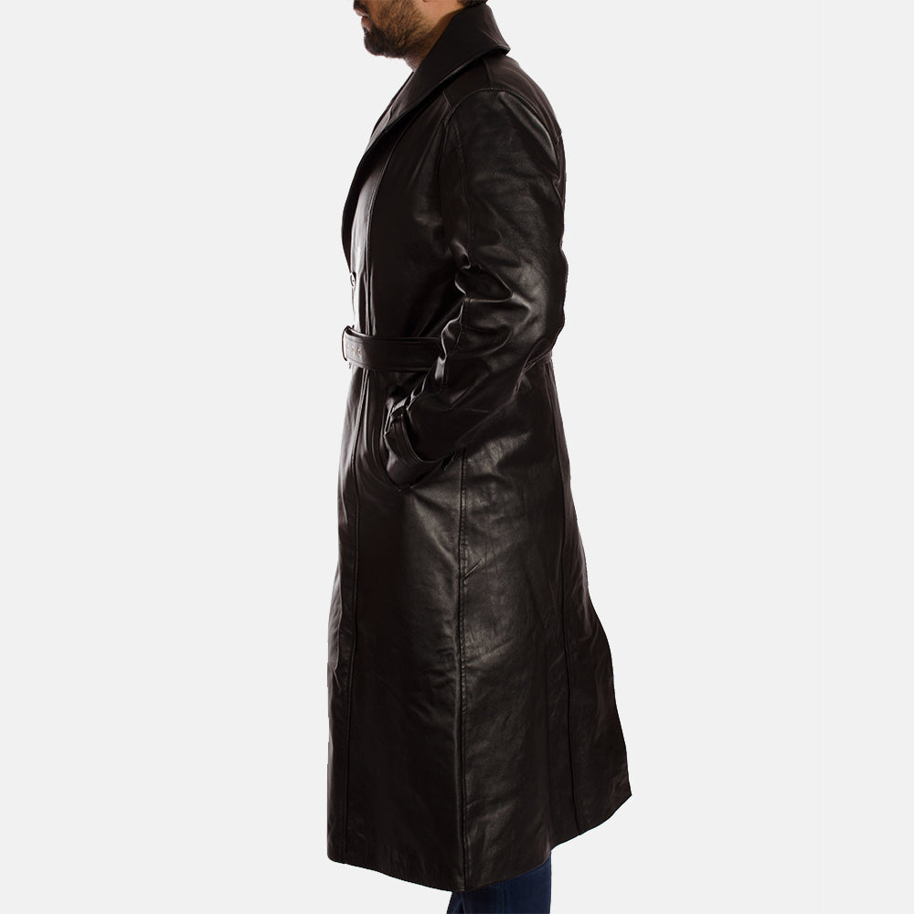 
클로즈업 상세 of Notch & Button & Waist belt Hardware on Hooligan 블랙 가죽 트렌치 코트 남성용