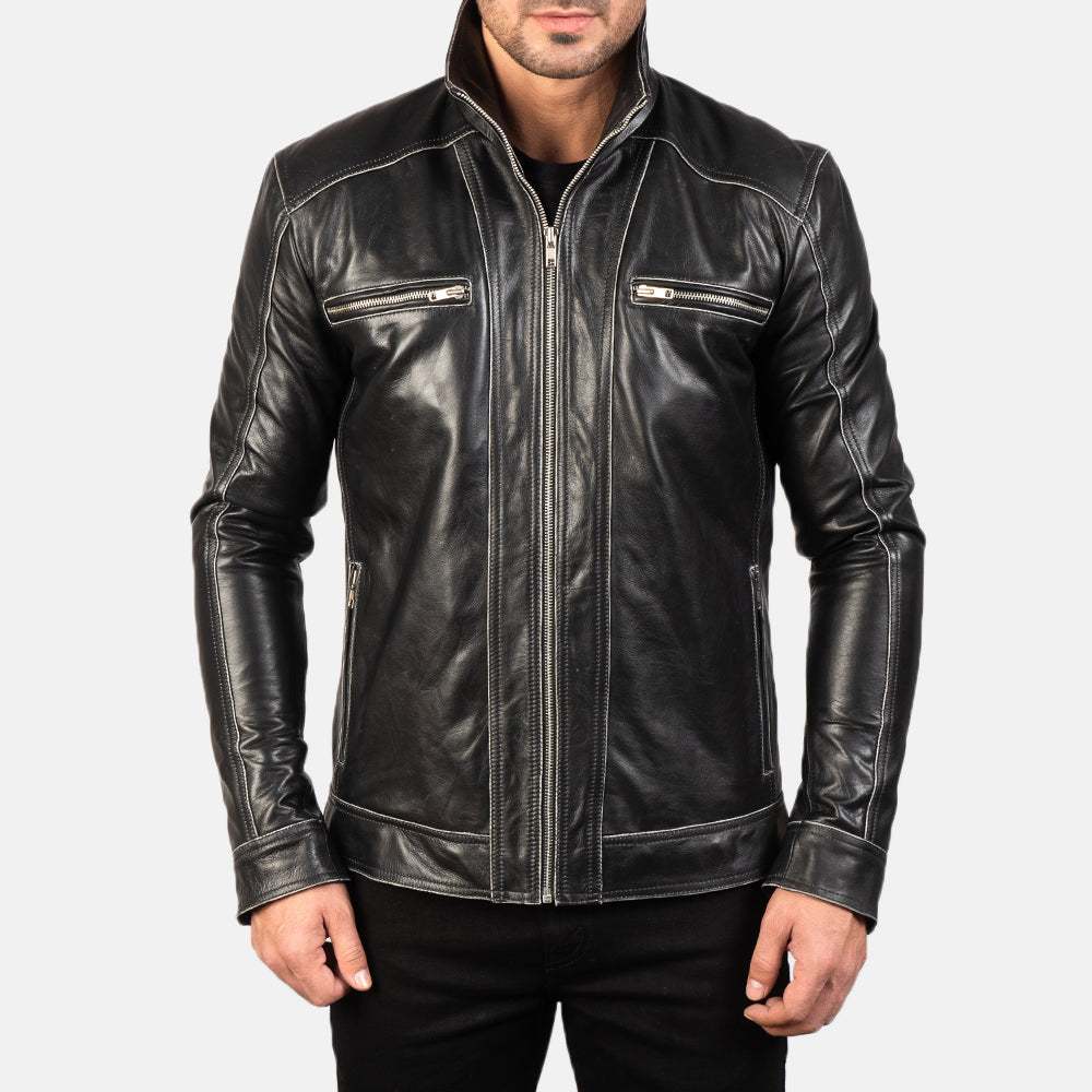 Close-Up Detail of High neck Band &amp; Zipper Hardware on Hudson Black Leather Biker Jacket