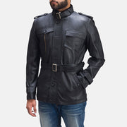 Hunter 블랙 가죽 자켓 남성용 - Lateral Side Profile View Showing Sleeve Cut &amp; Athletic Taper Fit