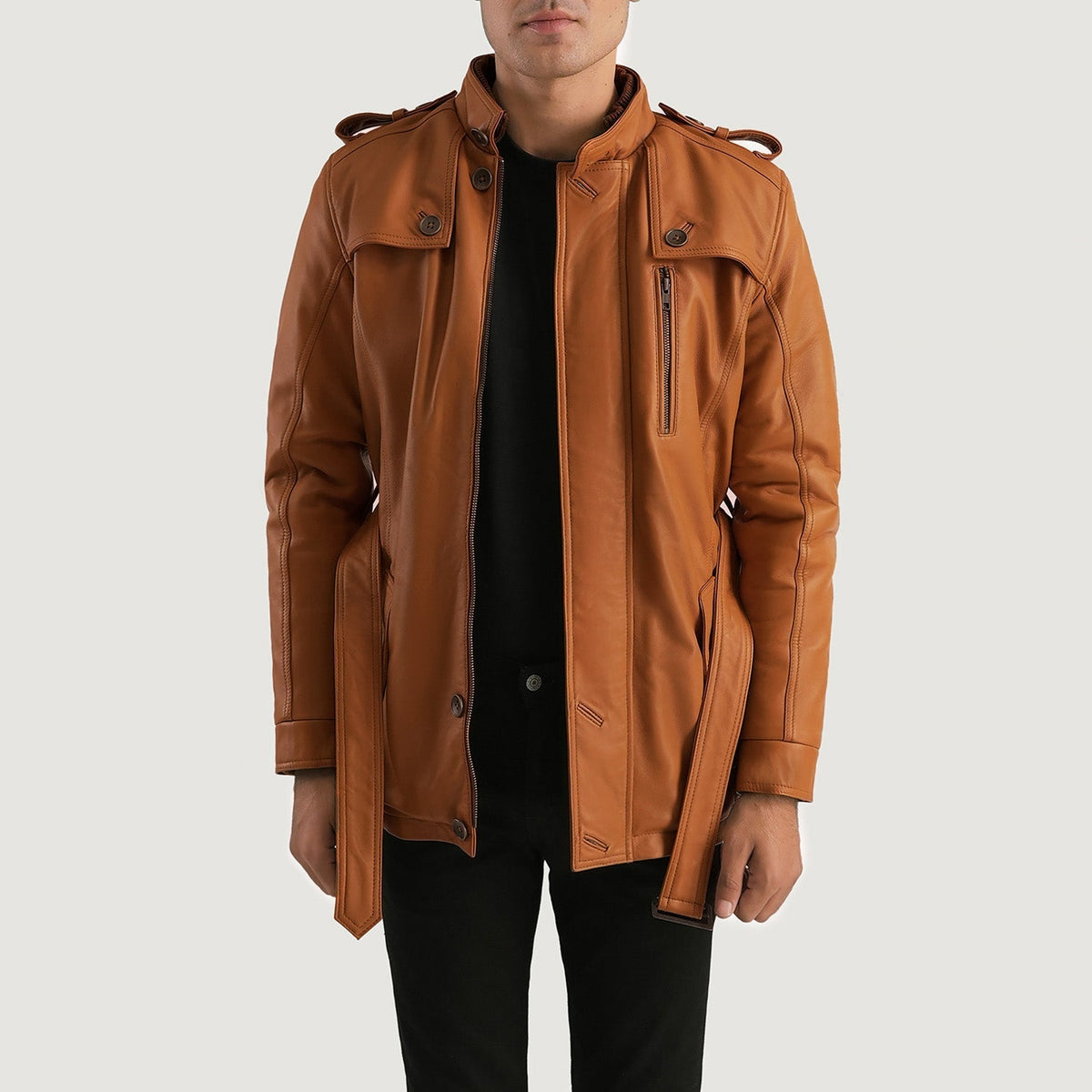 Hunter 탠 브라운 Fur 가죽 자켓 남성용 in Tan Brown Sheepskin Leather - Front Profile View &amp; Tailored Silhouette | Buy Online