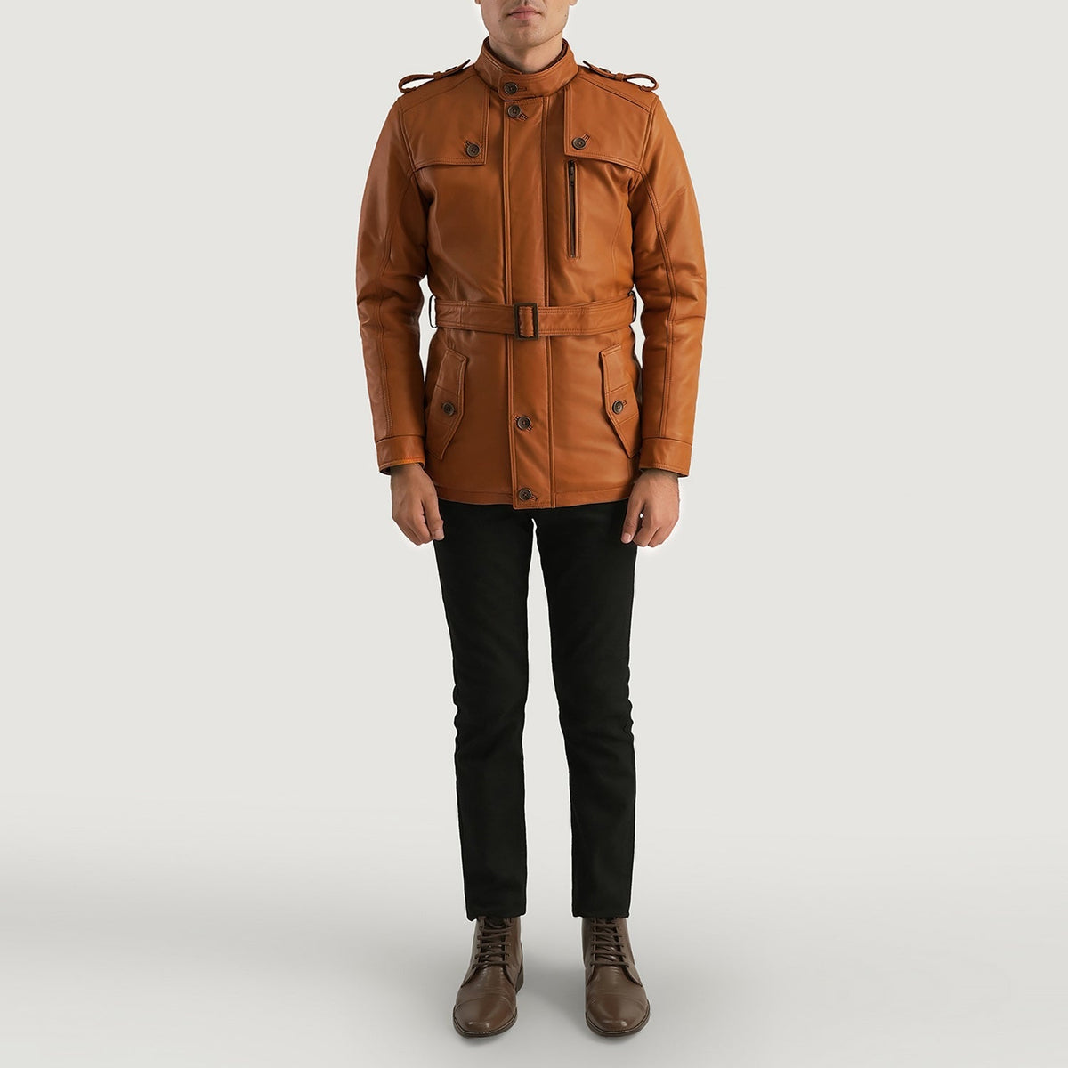 Hunter 탠 브라운 Fur 가죽 자켓 남성용 - Lateral Side Profile View Showing Sleeve Cut &amp; Athletic Taper Fit