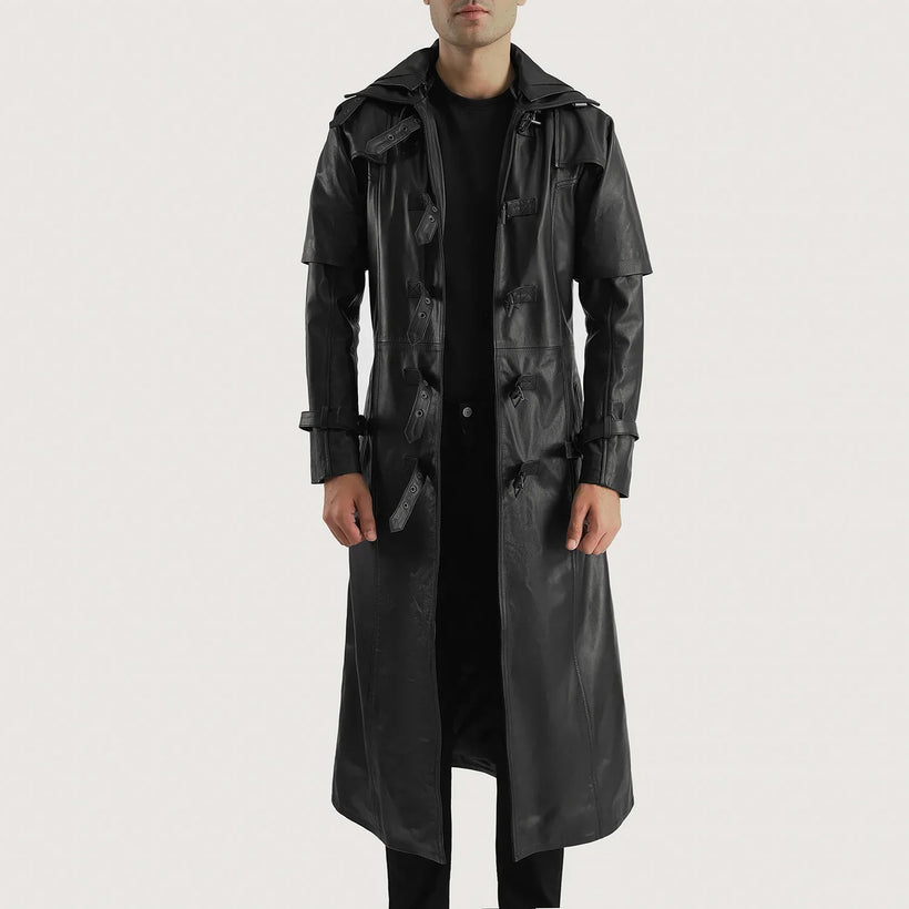 Huntsman 블랙 Hooded 가죽 트렌치 코트 남성용
