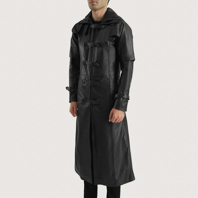 Huntsman 블랙 Hooded 가죽 트렌치 코트 남성용