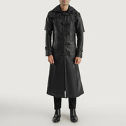 
Huntsman 블랙 Hooded 가죽 트렌치 코트 남성용 - 입체 소매 커팅과 슬림 테이퍼드 핏을 보여주는 측면 뷰