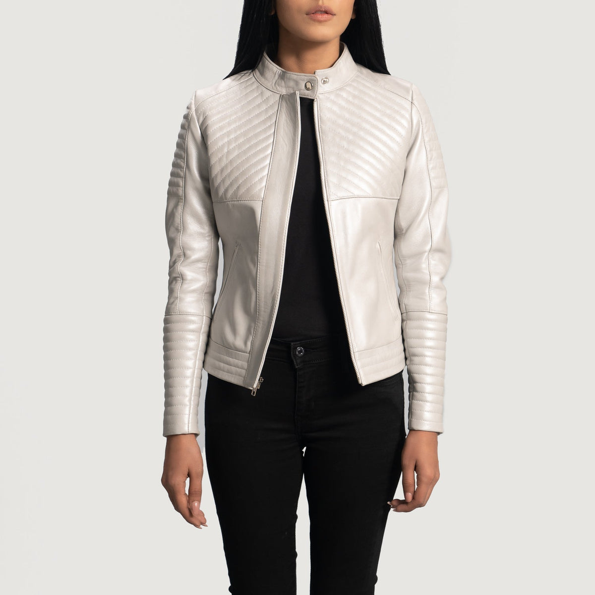 Women's Ice Maiden Silver Quilted 가죽 라이더 자켓 여성용 - Lateral Side Profile View Showing Sleeve Cut &amp; Athletic Taper Fit