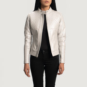 Women's Ice Maiden Silver Quilted 가죽 라이더 자켓 여성용 - Lateral Side Profile View Showing Sleeve Cut &amp; Athletic Taper Fit