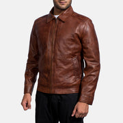 Styled Fit Perspective of Men's Inferno 브라운 가죽 자켓 남성용 on Model - Natural Daylight Drape