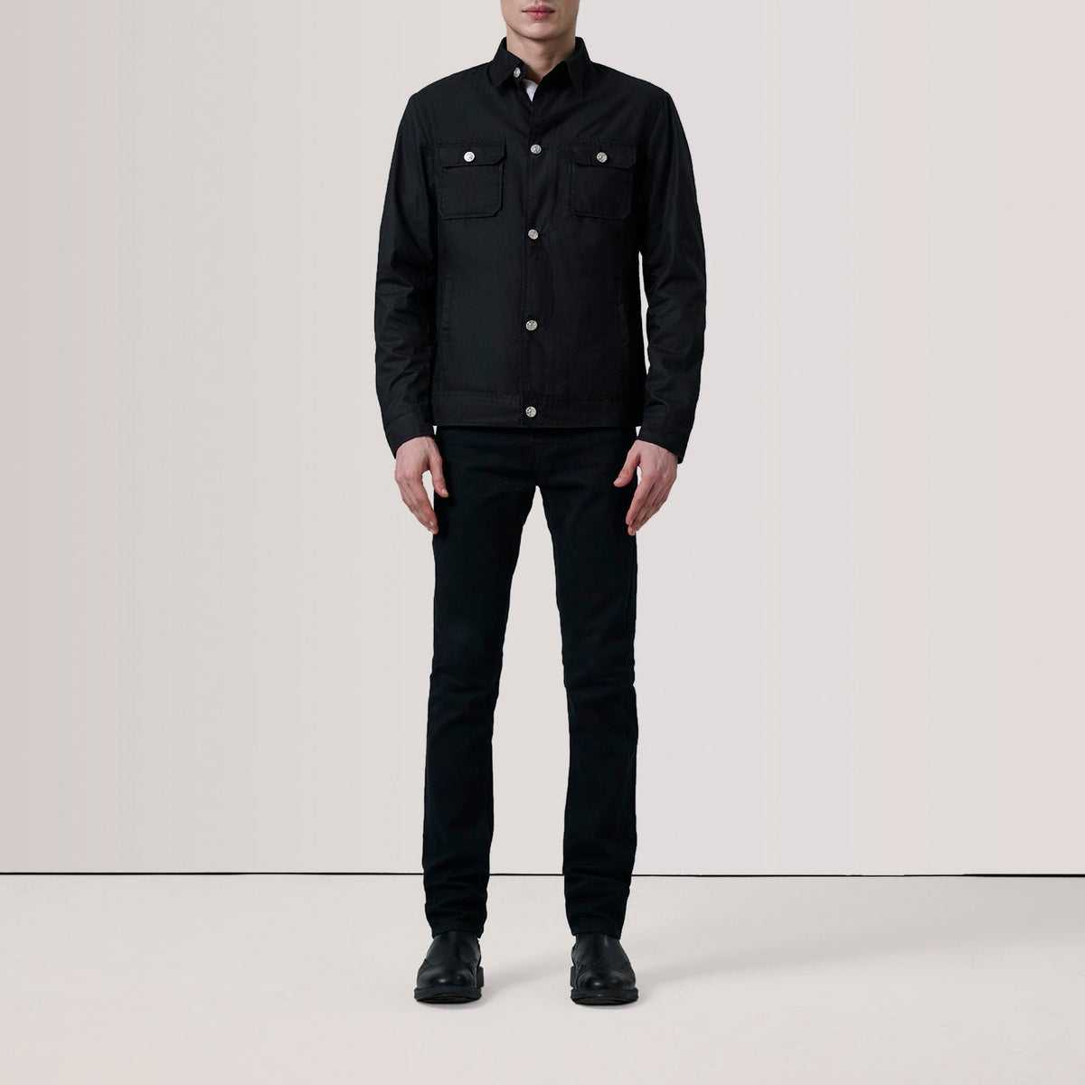 Black Waxed Cotton Canvas Leather Jacket - Back View Showing Tailored Shoulder Fit &amp; Clean Hemline