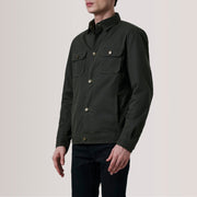 Irwin Olive Waxed Canvas Field 가죽 자켓 남성용 For Men - Lateral Side Profile View Showing Sleeve Cut &amp; Athletic Taper Fit