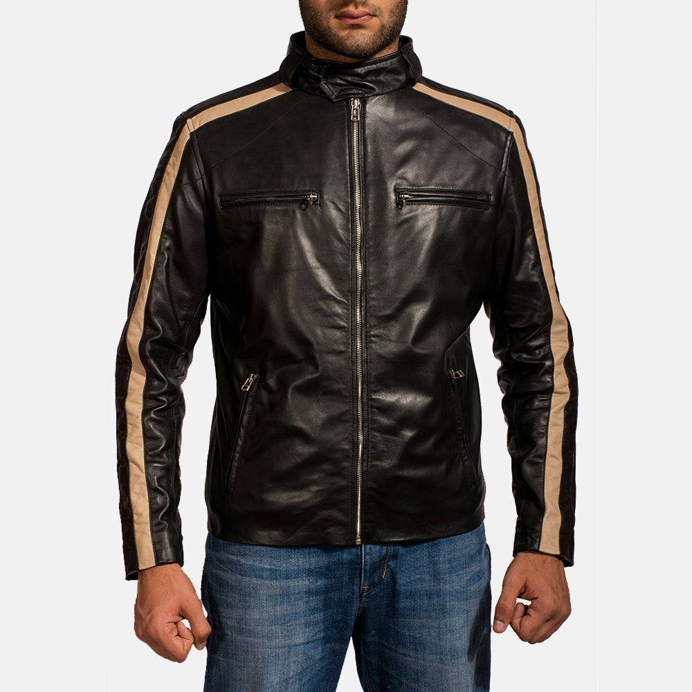Men's Jack 블랙 가죽 라이더 자켓 남성용 in Black Sheepskin Leather - Front Profile View &amp; Tailored Silhouette | Buy Online