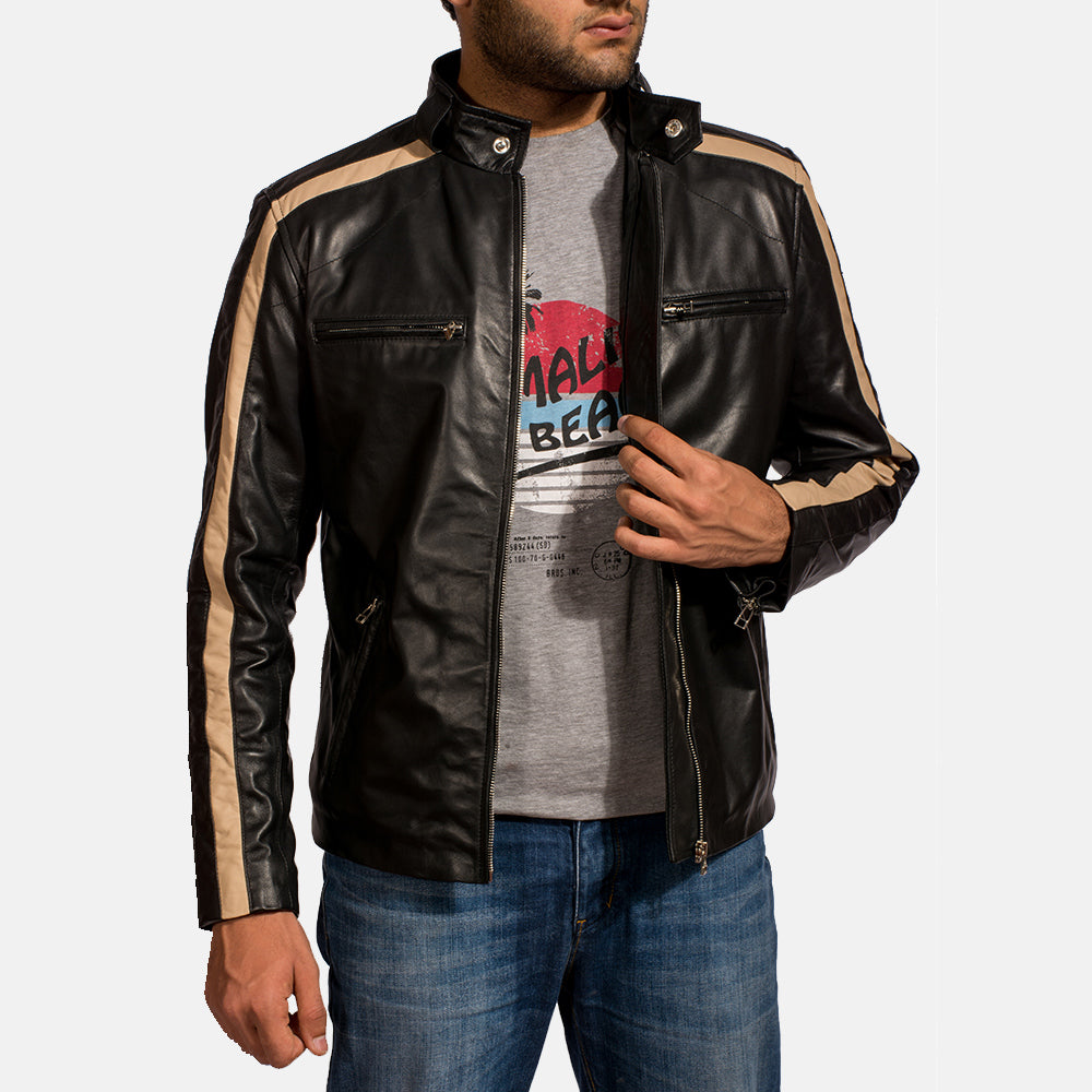 Men's Jack 블랙 가죽 라이더 자켓 남성용 - Lateral Side Profile View Showing Sleeve Cut &amp; Athletic Taper Fit
