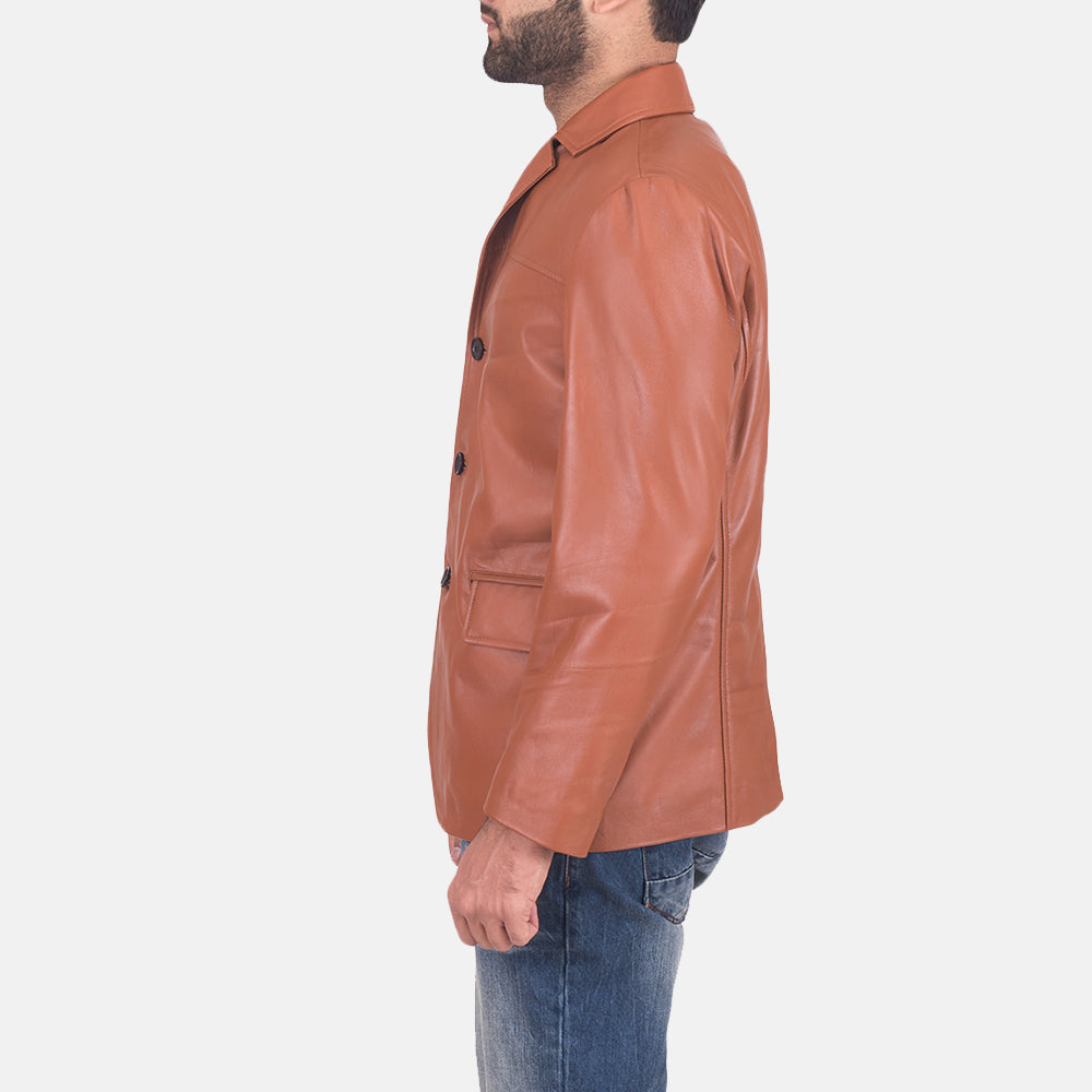 James 탠 브라운 가죽 테일러드 블레이저 남성용 - Lateral Side Profile View Showing Sleeve Cut &amp; Athletic Taper Fit