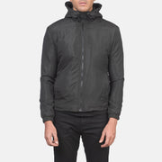 
클로즈업 상세 of High Neck with Hood & Zipper with wind flap Hardware on Jimmy 블랙 Hooded Windbreaker 가죽 자켓 남성용