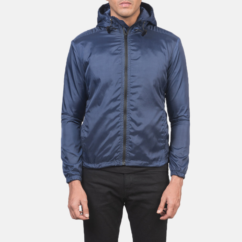 Jimmy Blue Hooded Windbreaker Jacket in Blue Nylon - 정면 스타일 및 테일러드 실루엣 | 공식 온라인 스토어 구매